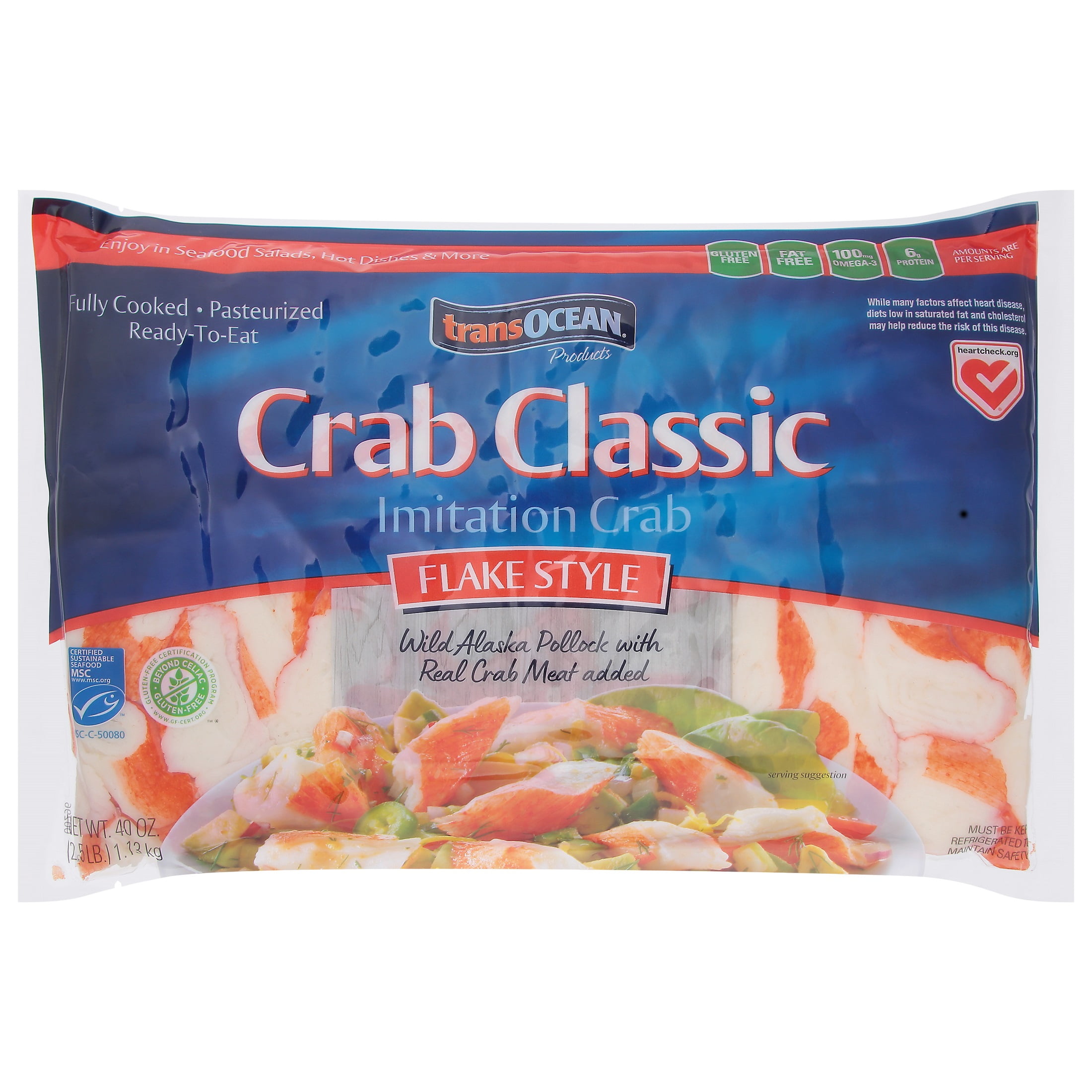 Transocean Crab Classic Flake Style Imitation Crab 40 oz Bag Gluten Free 6g Protein Serving