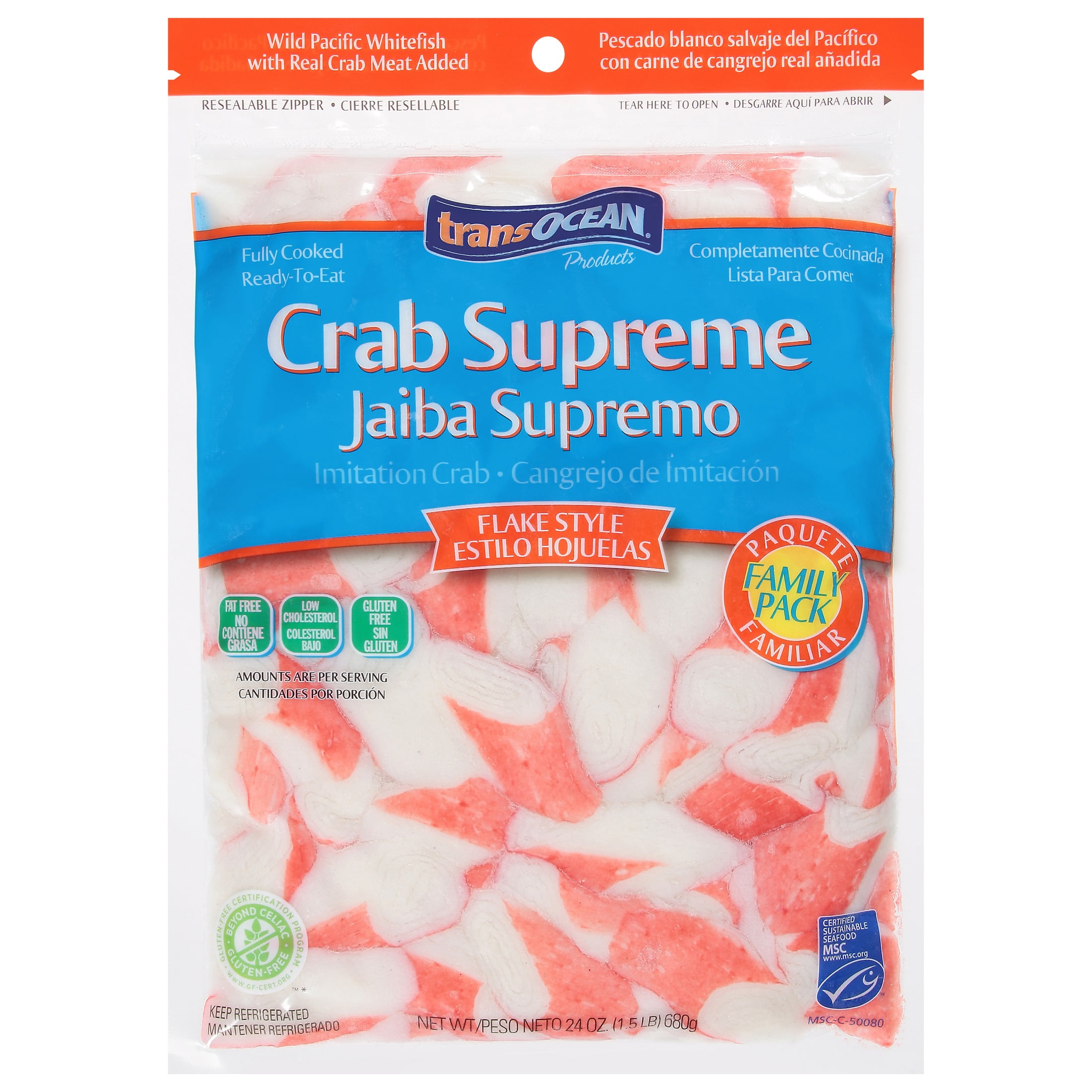 Transocean Crab Supreme, Flake Style Imitation Crab, 24 oz Bag, Gluten