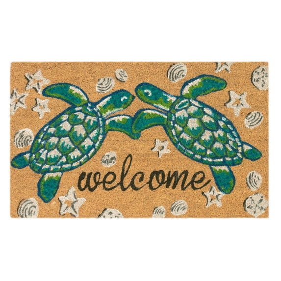 NATURA Outdoor Machine Made Coir Outdoor Mat - Transitional Graphic Coastal Beach Colorful (Seaturtle Welcome Natural) (2' x 3')