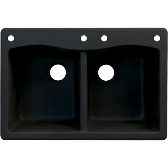 Transolid Aversa 33in x 22in silQ Granite Drop-in Double Bowl Kitchen Sink with 4 CADE Faucet Holes, in Black