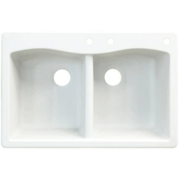 Transolid Aversa 33in x 22in silQ Granite Drop-in Double Bowl Kitchen Sink with 3 CDE Faucet Holes, In White