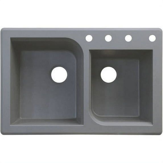Transolid Radius 33in x 22in silQ Granite Drop-in Double Bowl Kitchen Sink with 4 ABCD Faucet Holes, In Grey