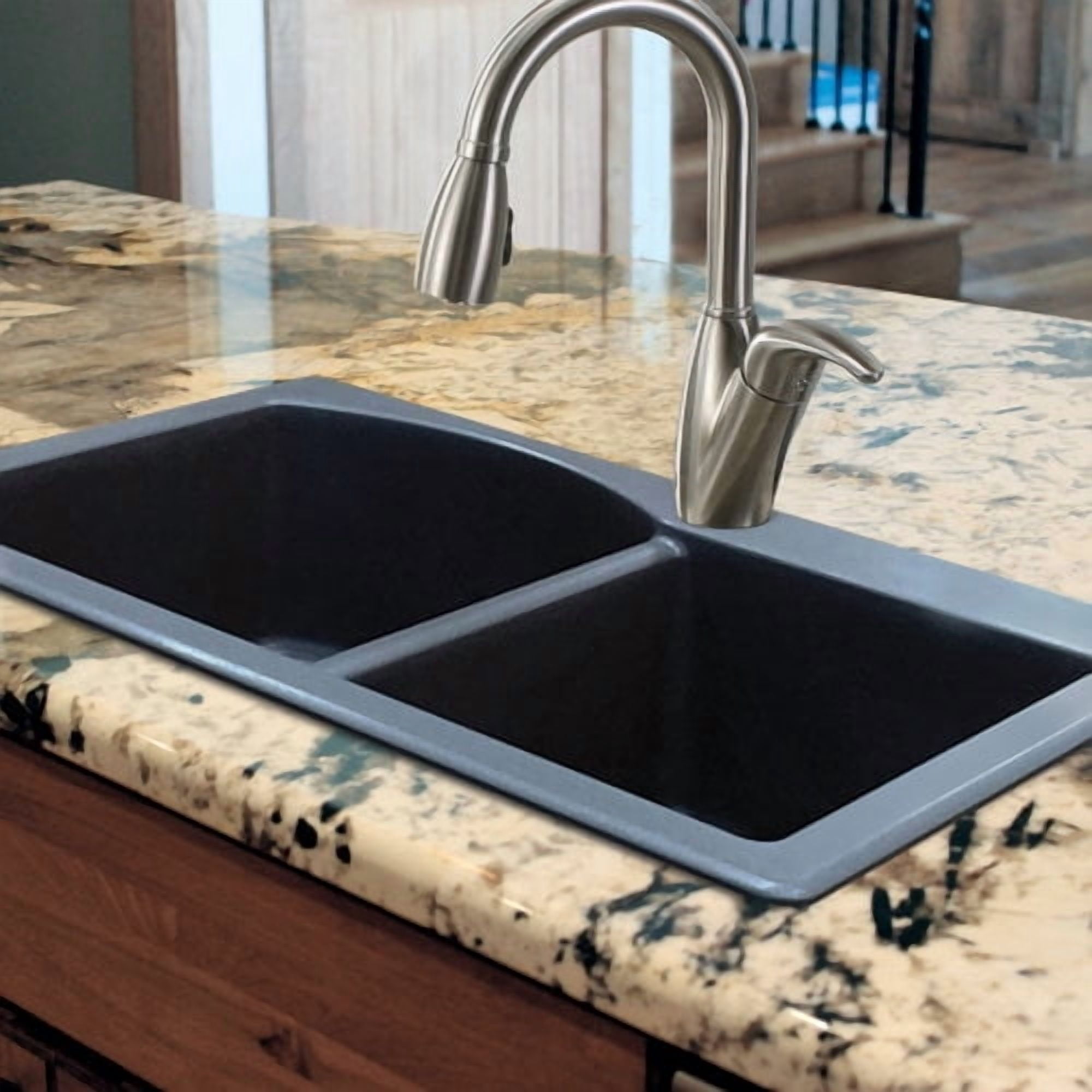 Transolid Aversa 33'' L x 22'' W Granite Double Offset Drop-in Kitchen Sink
