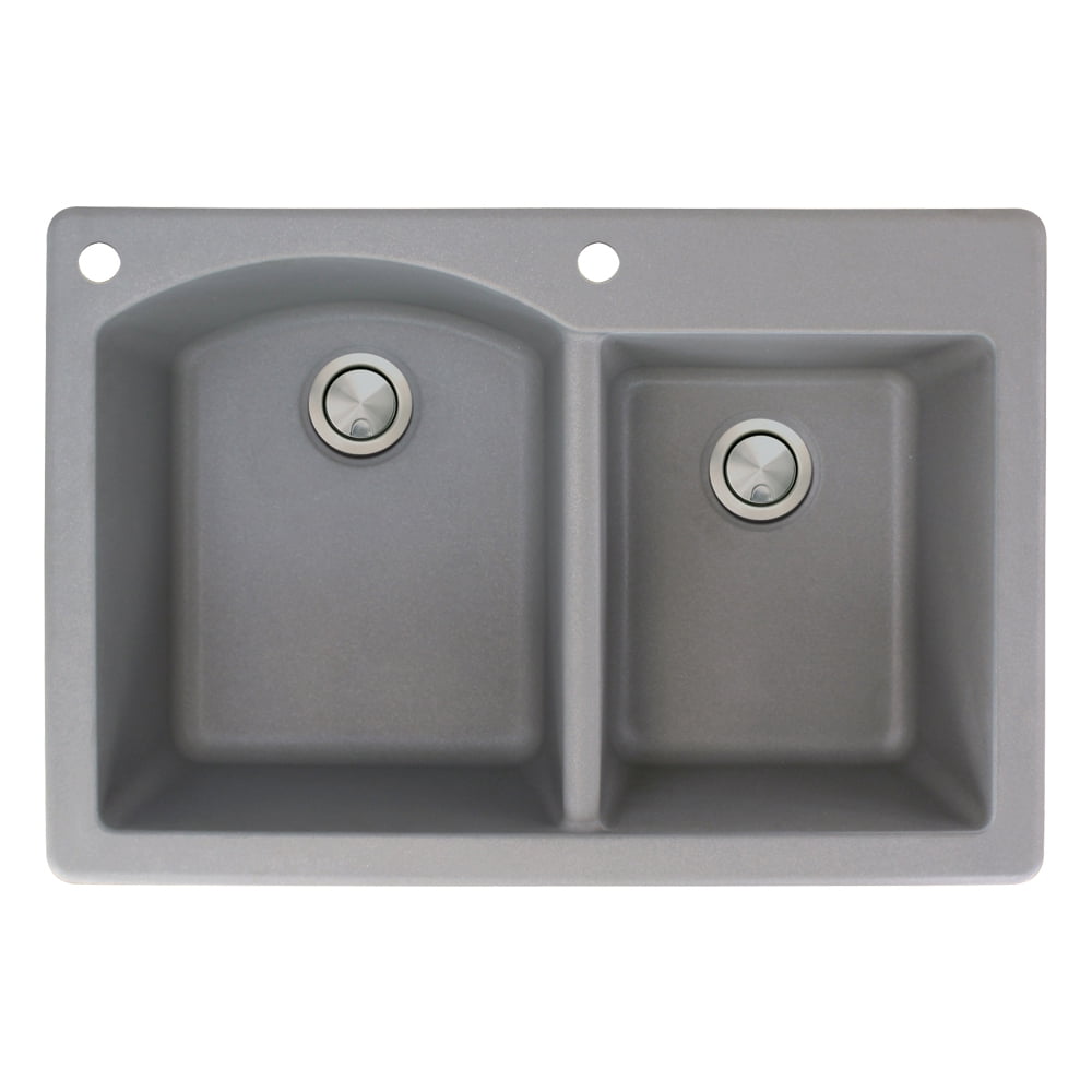 Transolid Aversa 33in x 22in silQ Granite Drop-in Double Bowl Kitchen Sink with 2 BA Faucet Holes, In Grey