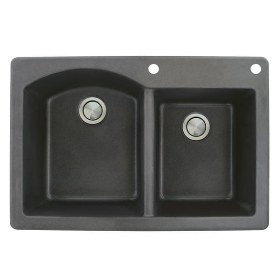 Transolid Aversa 33in x 22in silQ Granite Drop-in Double Bowl Kitchen Sink with 2 BE Faucet Holes, In Black