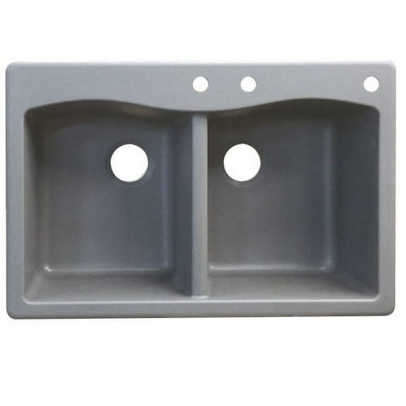 Transolid Aversa 33in x 22in silQ Granite Drop-in Double Bowl Kitchen Sink with 3 CDE Faucet Holes, in Grey
