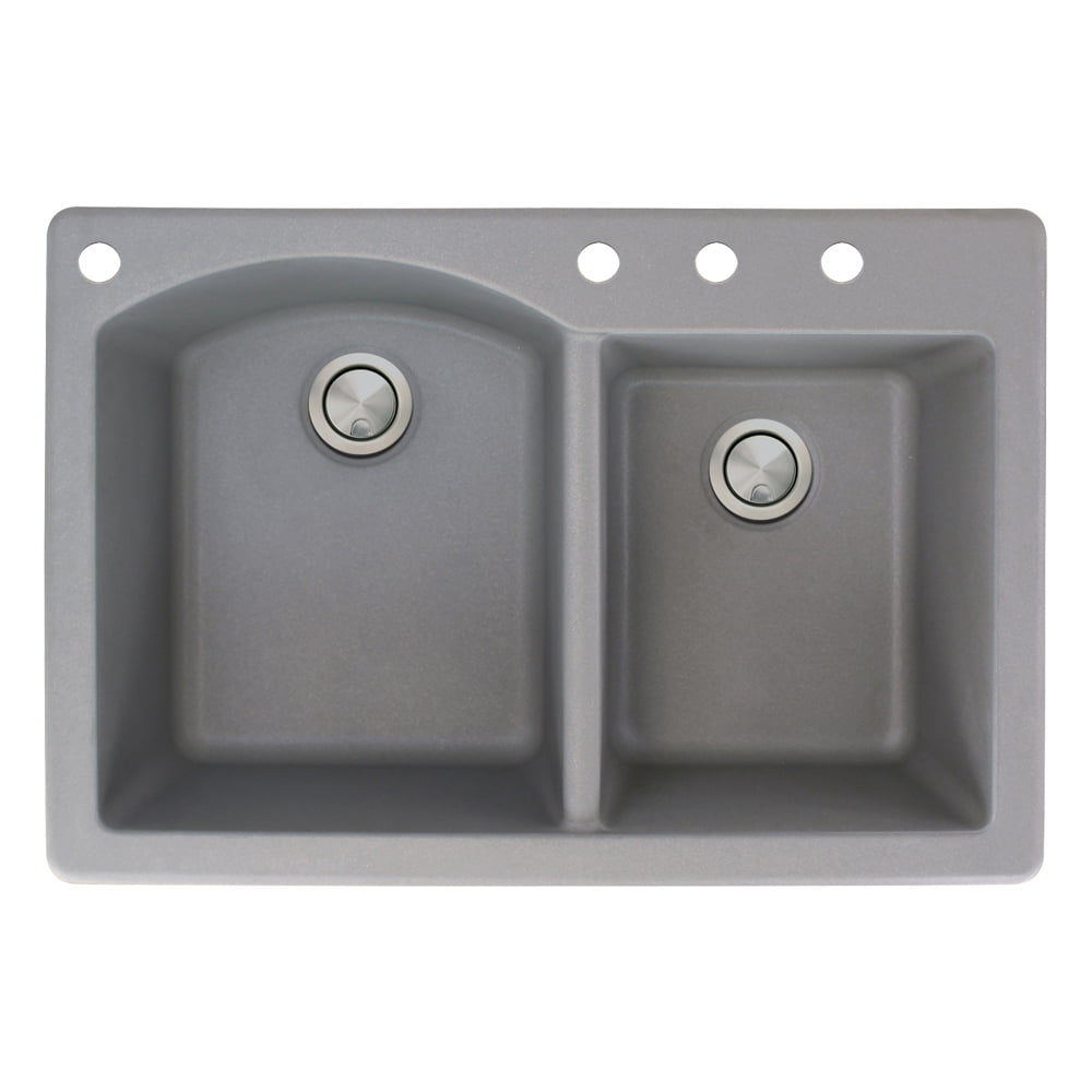 Transolid Aversa 33in x 22in silQ Granite Drop-in Double Bowl Kitchen Sink with 4 BACD Faucet Holes, In Grey