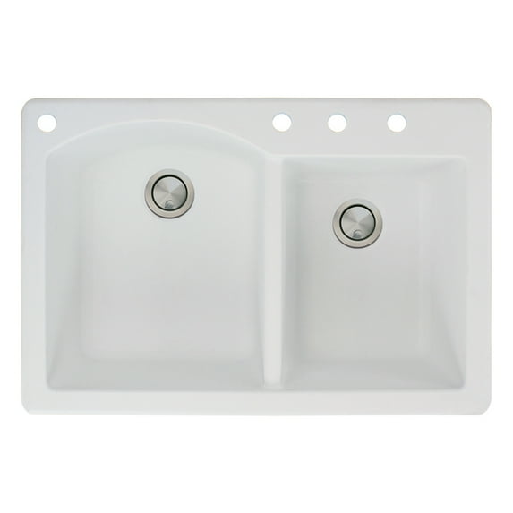 Transolid Aversa 33in x 22in silQ Granite Drop-in Double Bowl Kitchen Sink with 4 BACD Faucet Holes, In White