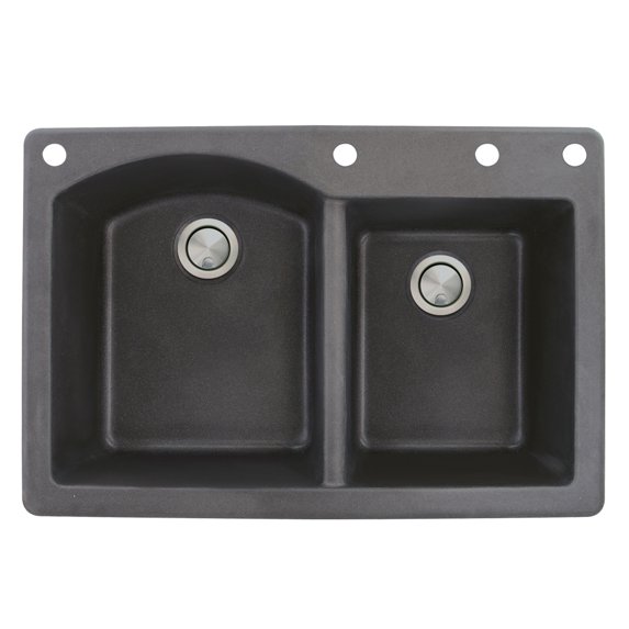 Transolid Aversa 33in x 22in silQ Granite Drop-in Double Bowl Kitchen Sink with 4 BADE Faucet Holes, In Black