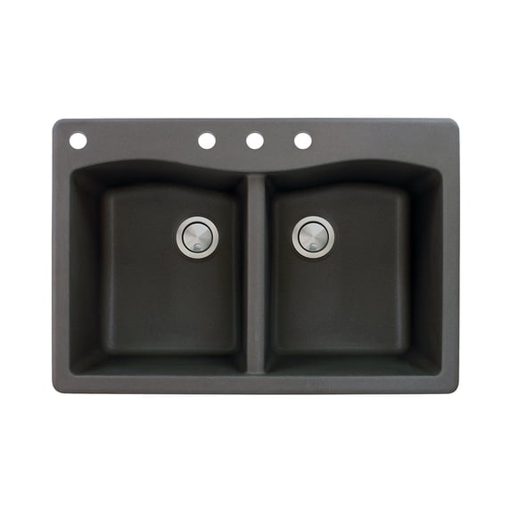 Transolid Aversa 33in x 22in silQ Granite Drop-in Double Bowl Kitchen Sink with 4 CABD Faucet Holes, in Black