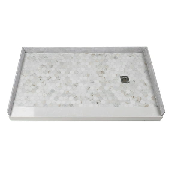 Transolid FPT6036C-HO 60-in x 36-in Pre-Tiled Shower Base with Center Drain in Off-White Hexagon