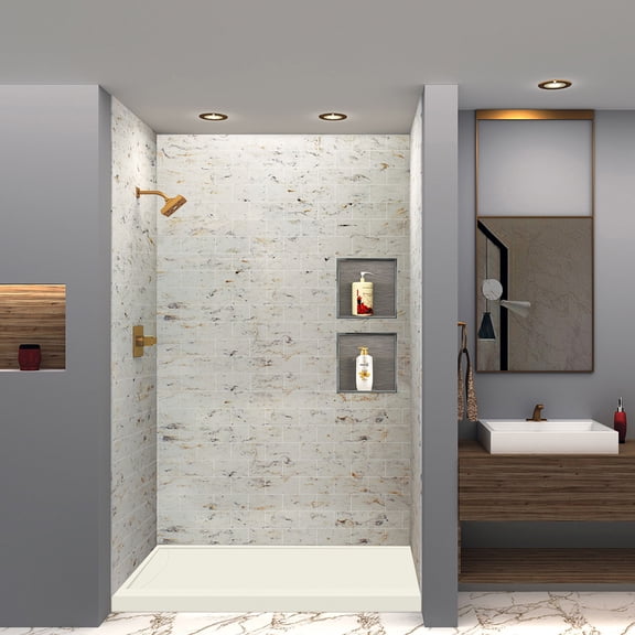 Transolid FSL6036L-02 60-in x 36-in Cast Solid Surface Low Profile Shower Base with Linear Concealed Left Hand Drain, Cameo