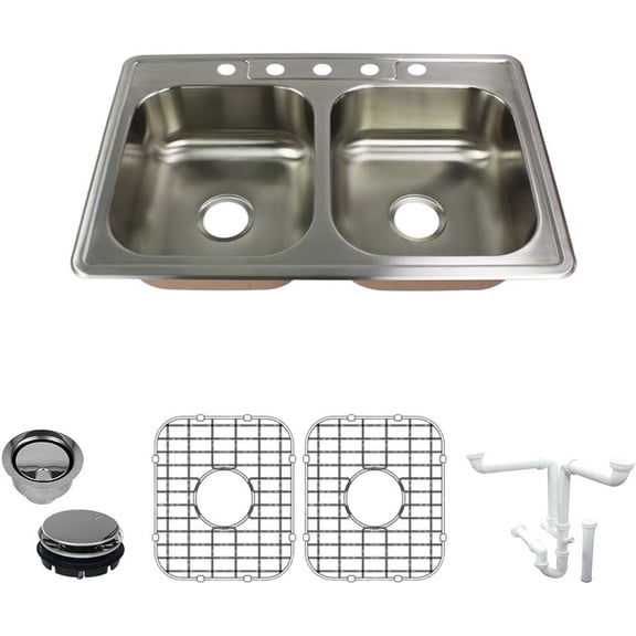 Transolid K-CTDE33228-5 Classic 5-Hole Drop-in 50/50 Double Bowl 18-Gauge Stainless Steel Kitchen Sink Kit, 33-in x 22-in x 8-in, Brushed Finish