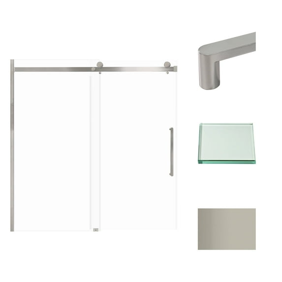 Transolid MBDT606008C-R-BS Madeline 60 in. W x 60 in. H Frameless Sliding Barn Shower Door with Fixed Panel in Brushed Stainless with Clear Glass and Riley Handles