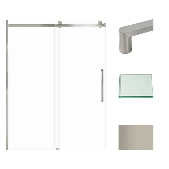 Transolid MBDT607608C-R-BS Madeline 60 in. W x 76 in. H Frameless Sliding Barn Shower Door with Fixed Panel in Brushed Stainless with Clear Glass and Riley Handles