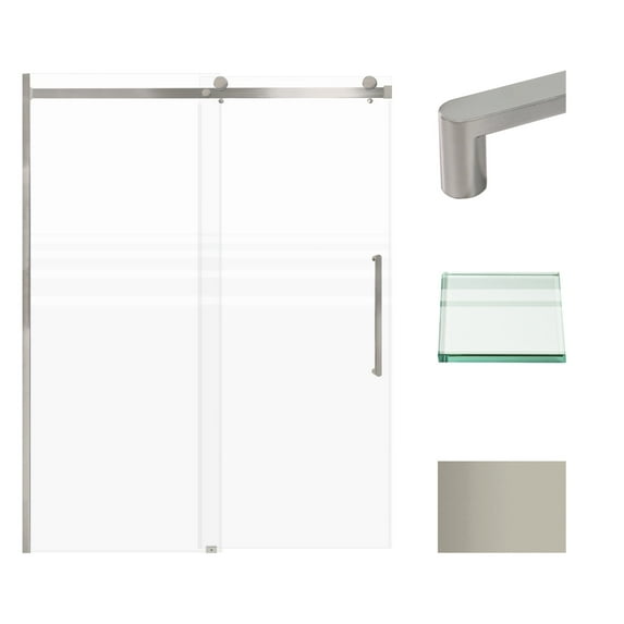 Transolid MBDT607608FR-R-BS Madeline 60 in. W x 76 in. H Frameless Sliding Barn Shower Door with Fixed Panel in Brushed Stainless with Frosted Glass and Riley Handles