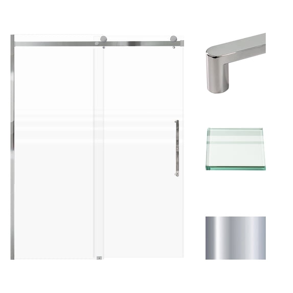 Transolid MBDT607608FR-R-PC Madeline 60 in. W x 76 in. H Frameless Sliding Barn Shower Door with Fixed Panel in Polished Chrome with Frosted Glass and Riley Handles