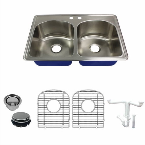 Transolid Meridian 33'' L x 22'' W Double Basin Drop-In Kitchen Sink with Sink Grid and Drain Assembly