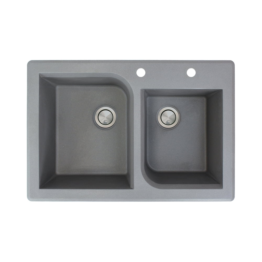Transolid Radius 33in x 22in silQ Granite Drop-in Double Bowl Kitchen Sink with 2 AC Faucet Holes, In Grey