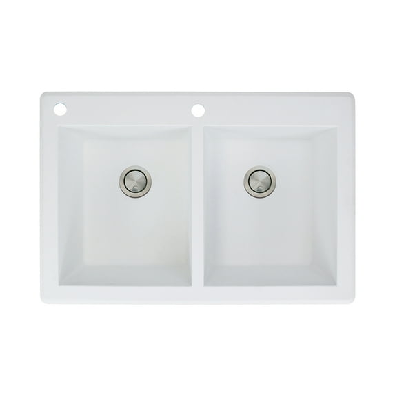 Transolid Radius 33in x 22in silQ Granite Drop-in Double Bowl Kitchen Sink with 2 CA Faucet Holes, In White