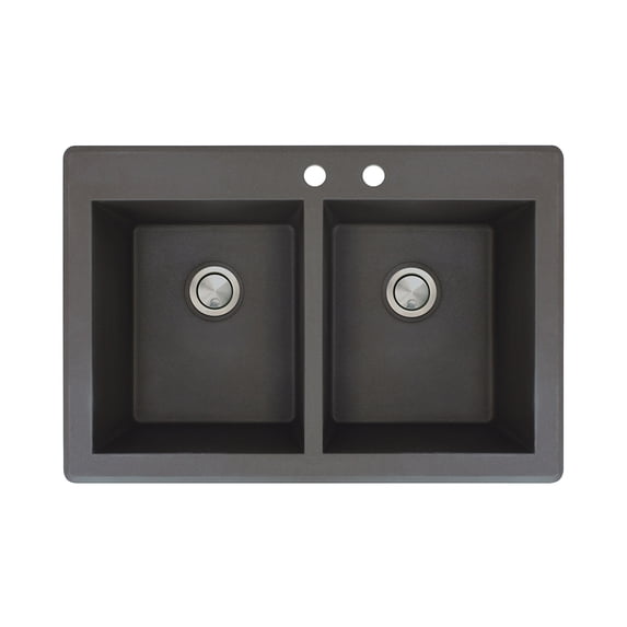 Transolid Radius 33in x 22in silQ Granite Drop-in Double Bowl Kitchen Sink with 2 CD Faucet Holes, In Black