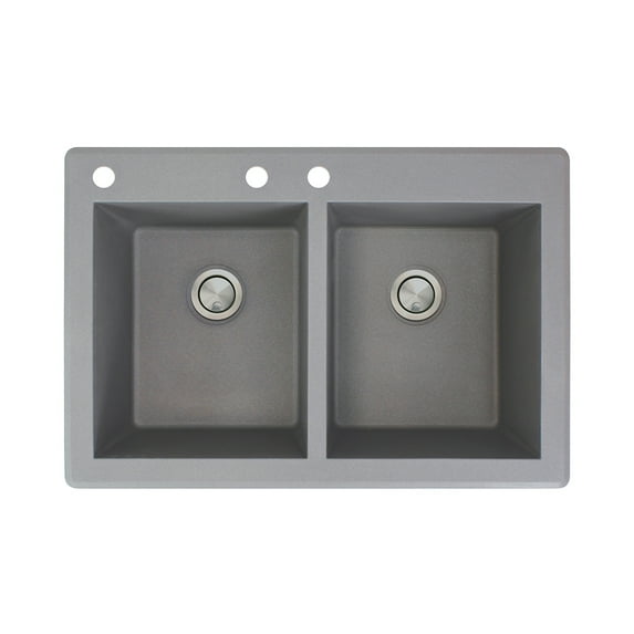 Transolid Radius 33in x 22in silQ Granite Drop-in Double Bowl Kitchen Sink with 3 CAB Faucet Holes, In Grey