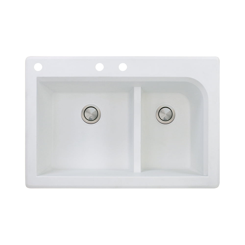 Transolid Radius 33in x 22in silQ Granite Drop-in Double Bowl Kitchen Sink with 3 CAB Faucet Holes, In White