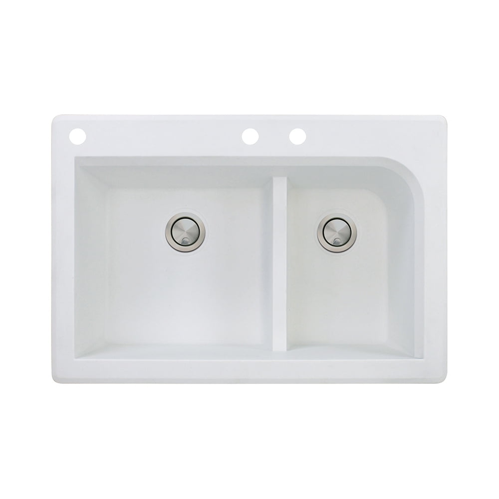 Transolid Radius 33in x 22in silQ Granite Drop-in Double Bowl Kitchen Sink with 3 CAD Faucet Holes, In White