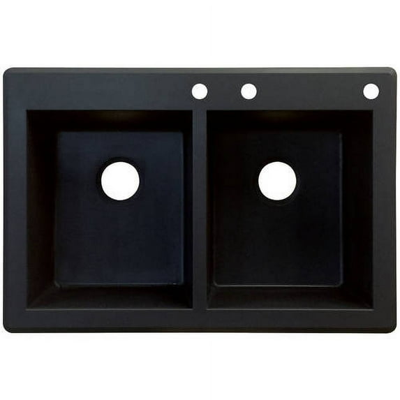 Transolid Radius 33in x 22in silQ Granite Drop-in Double Bowl Kitchen Sink with 3 CDE Faucet Holes, In Black