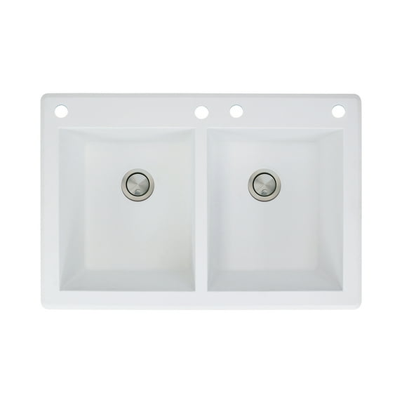 Transolid Radius 33in x 22in silQ Granite Drop-in Double Bowl Kitchen Sink with 4 CADE Faucet Holes, In White