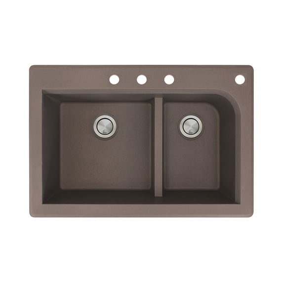 Transolid Radius 33in x 22in silQ Granite Drop-in Double Bowl Kitchen Sink with 4 CBDF Faucet Holes, In Espresso