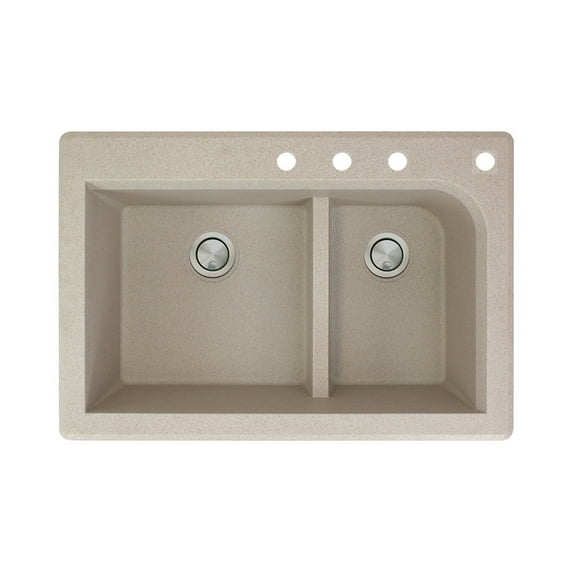 Transolid Radius 33in x 22in silQ Granite Drop-in Double Bowl Kitchen Sink with 4 CDEF Faucet Holes, In Cafe Latte