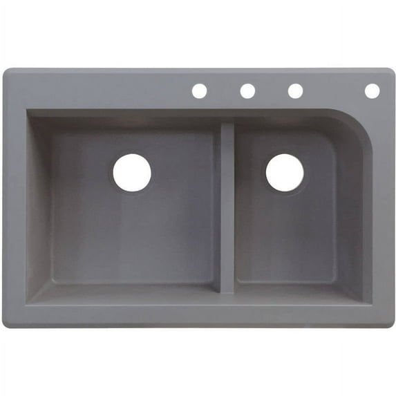Transolid Radius 33in x 22in silQ Granite Drop-in Double Bowl Kitchen Sink with 4 CDEF Faucet Holes, In Grey