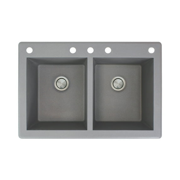 Transolid Radius 33in x 22in silQ Granite Drop-in Double Bowl Kitchen Sink with 5 CABDE Faucet Holes, In Grey