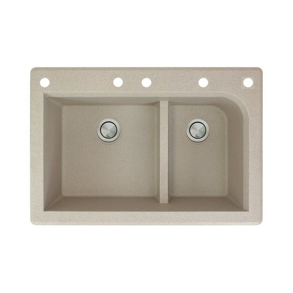 Transolid Radius 33in x 22in silQ Granite Drop-in Double Bowl Kitchen Sink with 5 CABEF Faucet Holes, In Cafe Latte