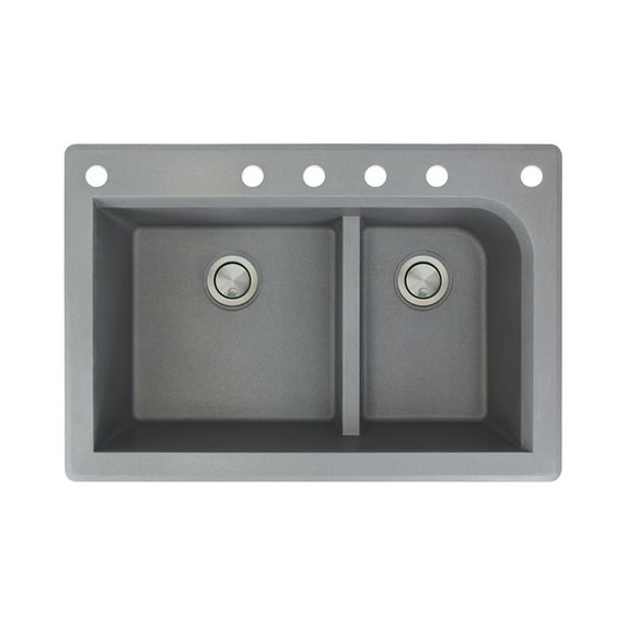 Transolid Radius 33in x 22in silQ Granite Drop-in Double Bowl Kitchen Sink with 6 CABDEF Faucet Holes, In Grey