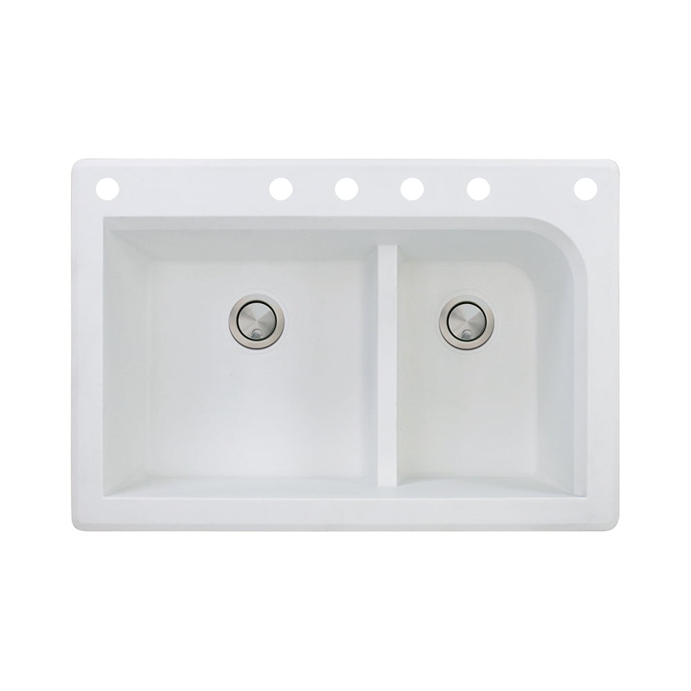 Transolid Radius 33in x 22in silQ Granite Drop-in Double Bowl Kitchen Sink with 6 CABDEF Faucet Holes, In White