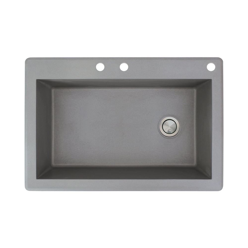 Transolid Radius 33in x 22in silQ Granite Drop-in Single Bowl Kitchen Sink with 3 CBE Faucet Holes, In Grey