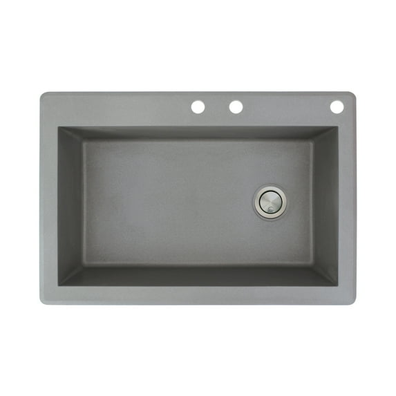 Transolid Radius 33in x 22in silQ Granite Drop-in Single Bowl Kitchen Sink with 3 CDE Faucet Holes, In Grey