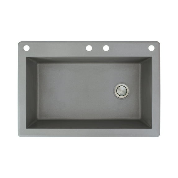 Transolid Radius 33in x 22in silQ Granite Drop-in Single Bowl Kitchen Sink with 4 CADE Faucet Holes, In Grey
