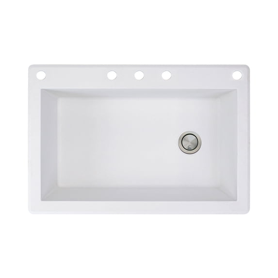 Transolid Radius 33in x 22in silQ Granite Drop-in Single Bowl Kitchen Sink with 5 CABDE Faucet Holes, In White