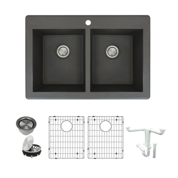 Transolid Radius Granite 33-in Drop-In Kitchen Sink Kit with Grids, Strainers and Drain Installation Kit in Black