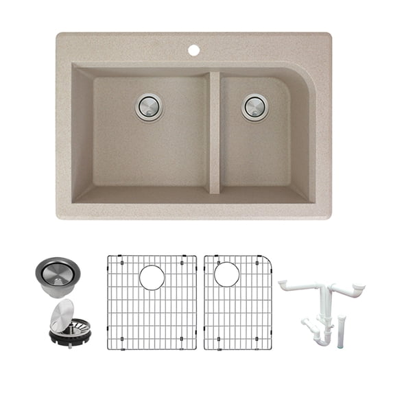 Transolid Radius Granite 33-in Drop-In Kitchen Sink Kit with Grids, Strainers and Drain Installation Kit in Cafe Latte