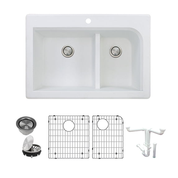 Transolid Radius Granite 33-in Drop-In Kitchen Sink Kit with Grids, Strainers and Drain Installation Kit in White