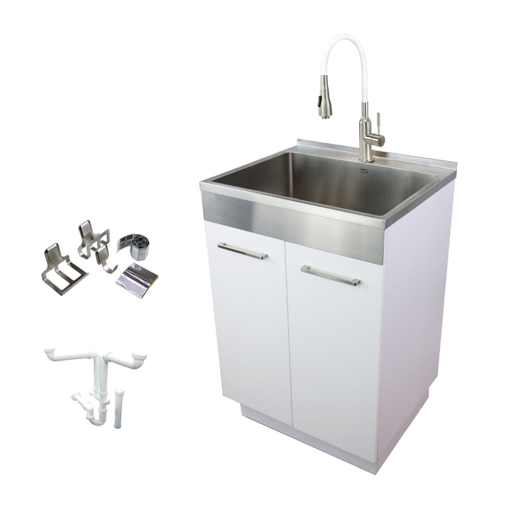 24-Inch White Freestanding Stainless Steel Laundry Sink with Faucet