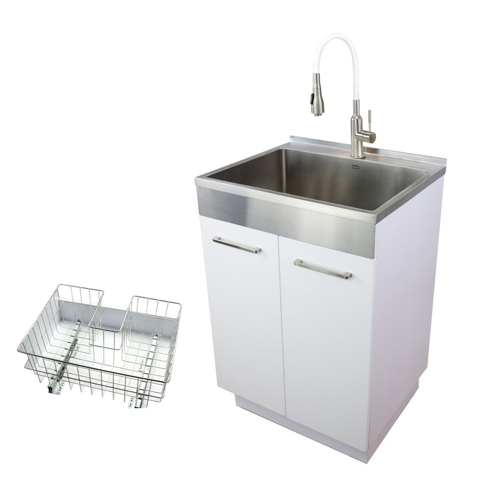 White Freestanding Farmhouse Laundry Cabinet with Stainless Steel Sink