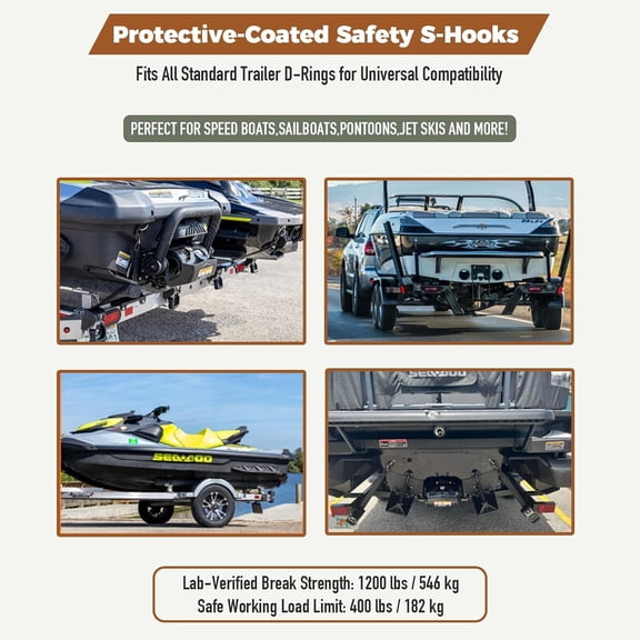 Transom Tie Down Straps 2 Inch x 4 Feet, Marine Grade Adjustable Boat Trailer Straps with Vinyl Coated S-Hooks, UV Resistant for Jet Ski PWC