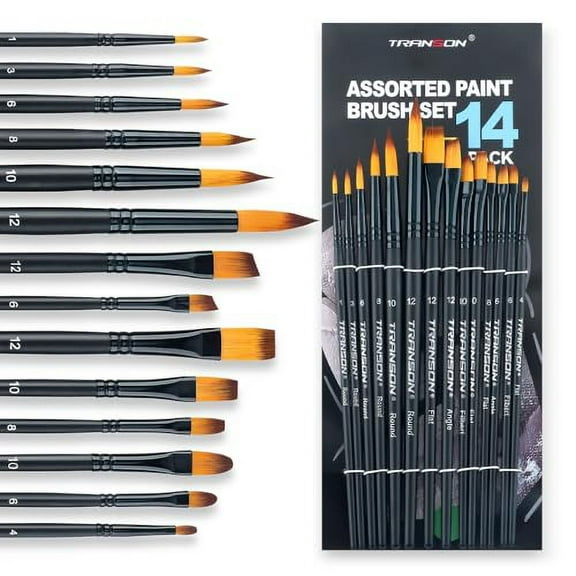 Transon 14pcs Art Painting Brush Set for Acrylic, Watercolor, Gouache, Oil and Hobby Painting Black Color