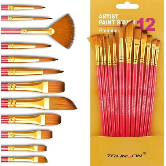Transon Artist Paint Brush Set of 12 for Acrylic Watercolor Gouache Oil Craft Painting Pink