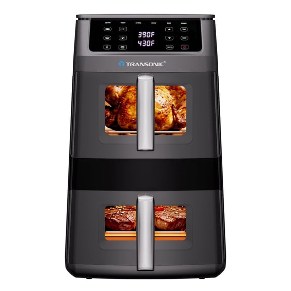 Transonic 11QT Air Fryer Dual Vertical Basket Design (Deep Top & Long Bottom) for Whole Chicken & Ribs, 430°F High-Heat Broil, 360° Rapid Circulation, 6 in 1 Preset Function, Family Meals, BPA Free